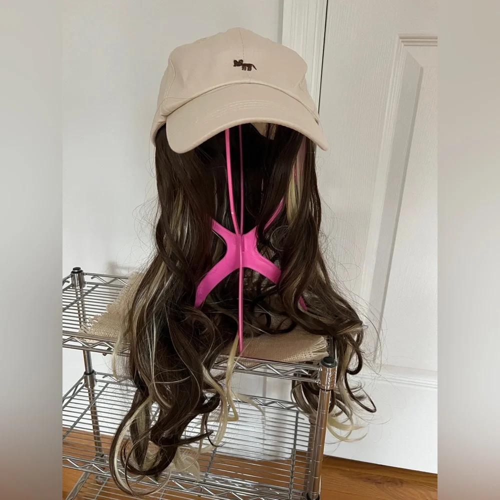 long wavy wig Brown Highlights Blonde wz Beige Baseball Cap Adjustable 2 in 1